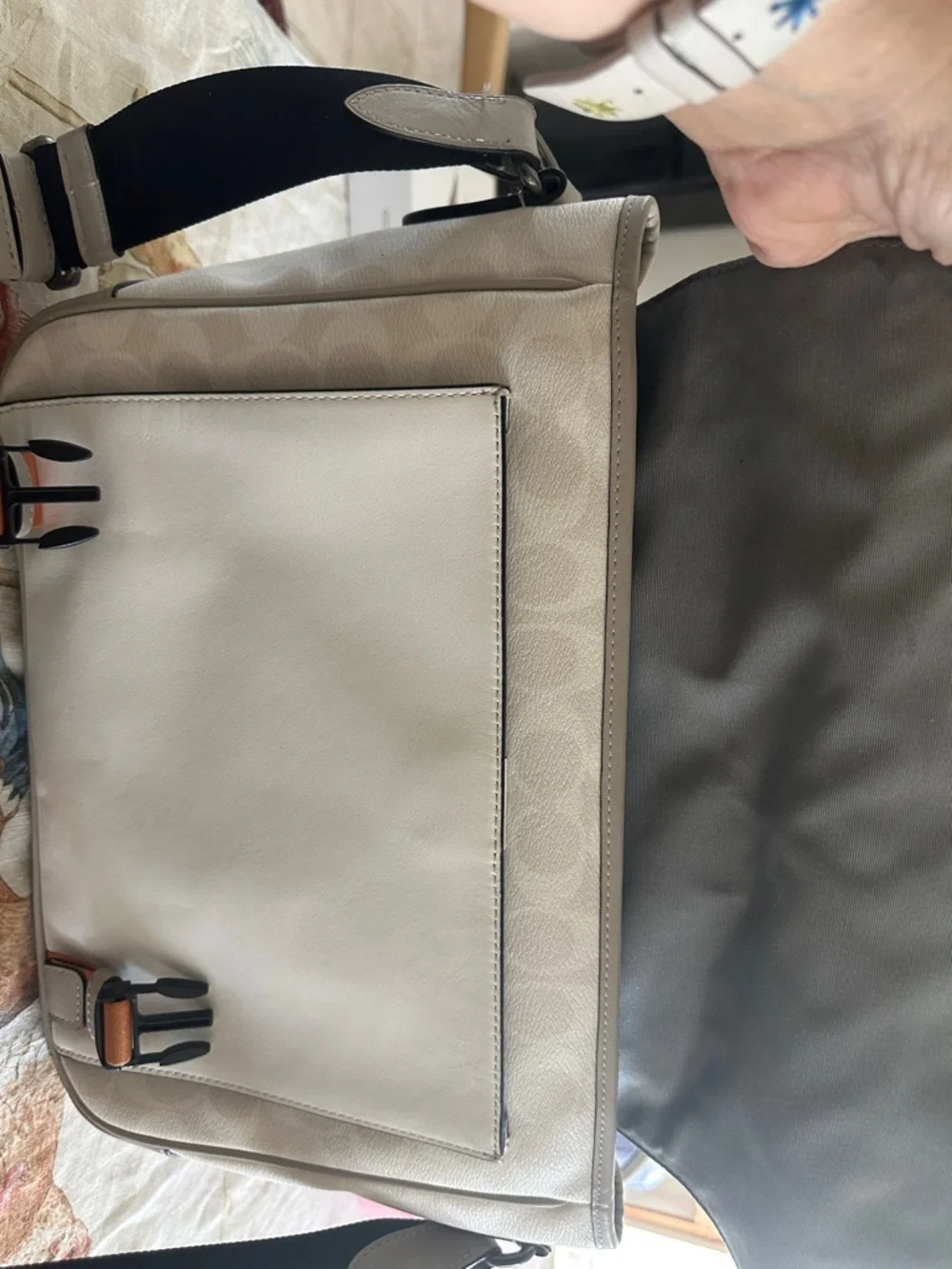 Coach Gray Leather Messenger Bag with Orange Zip Accent - Picture 7 of 7